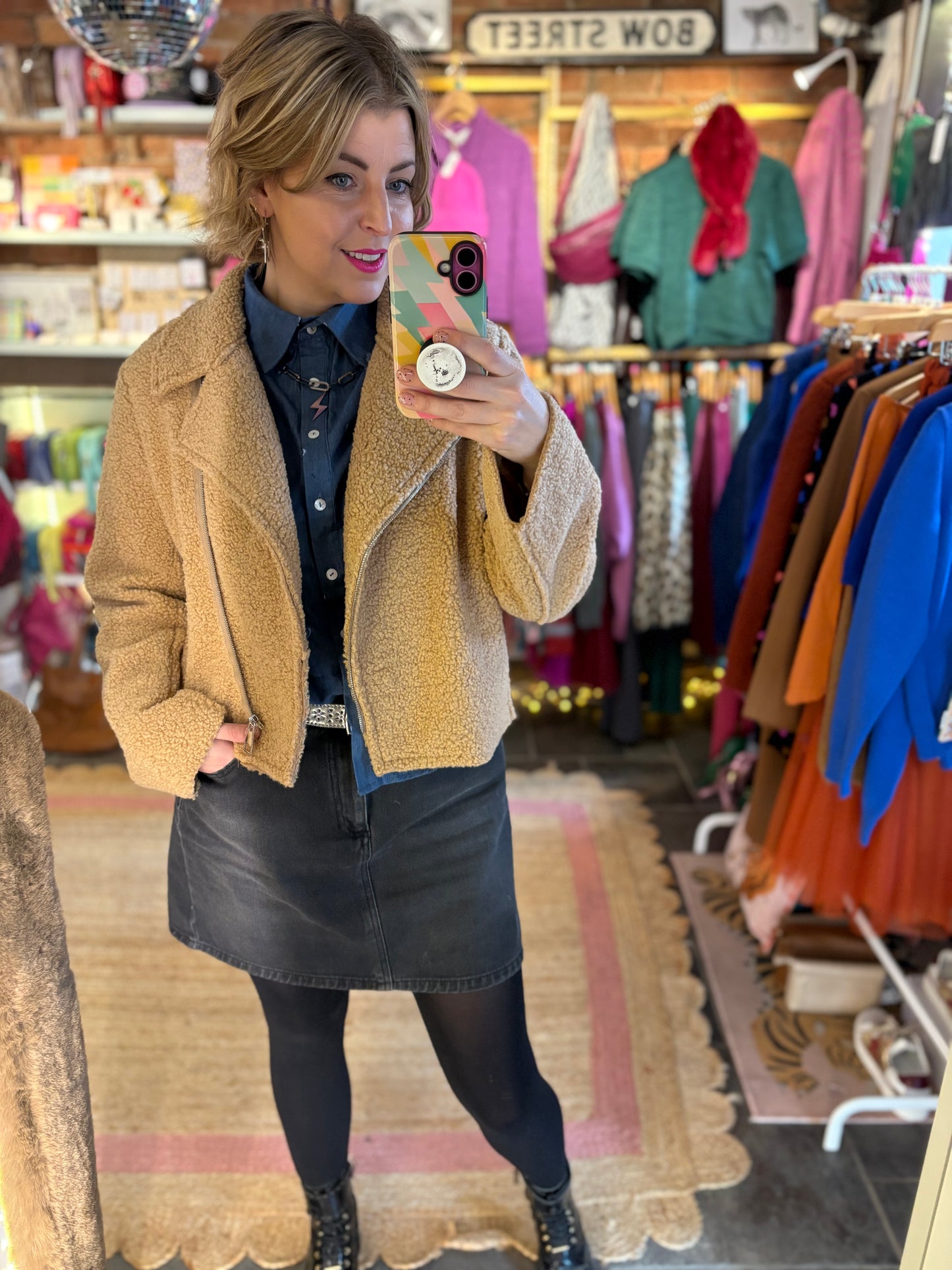 Teddy Fleece Short Biker Jacket | Camel