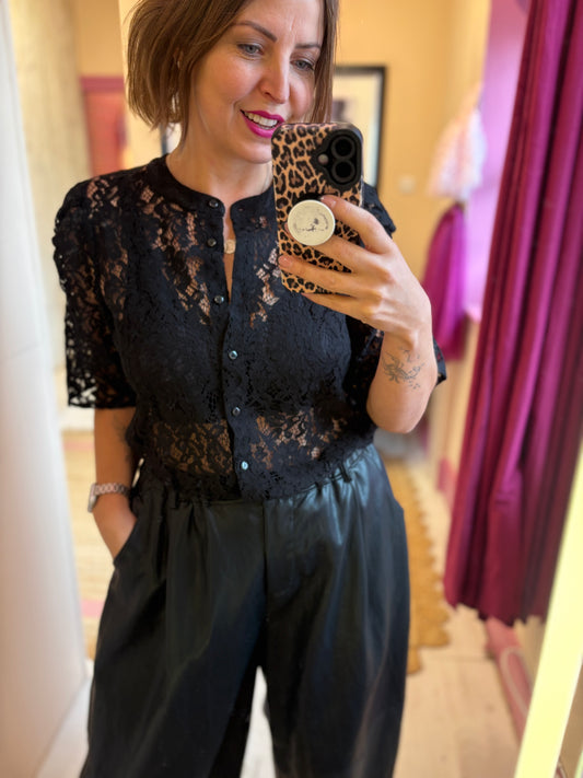 Black Collarless Lace Blouse
