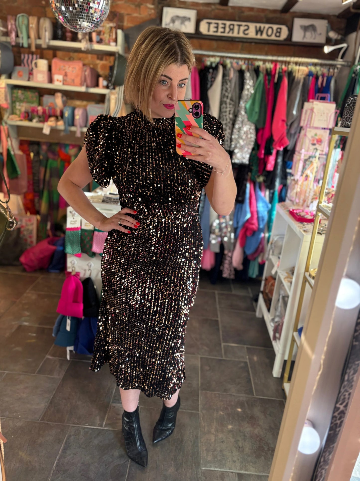 Black & Gold Sequin Puff Sleeve Dress