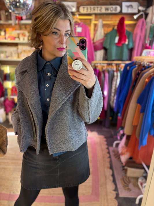 Teddy Fleece Short Biker Jacket | Grey