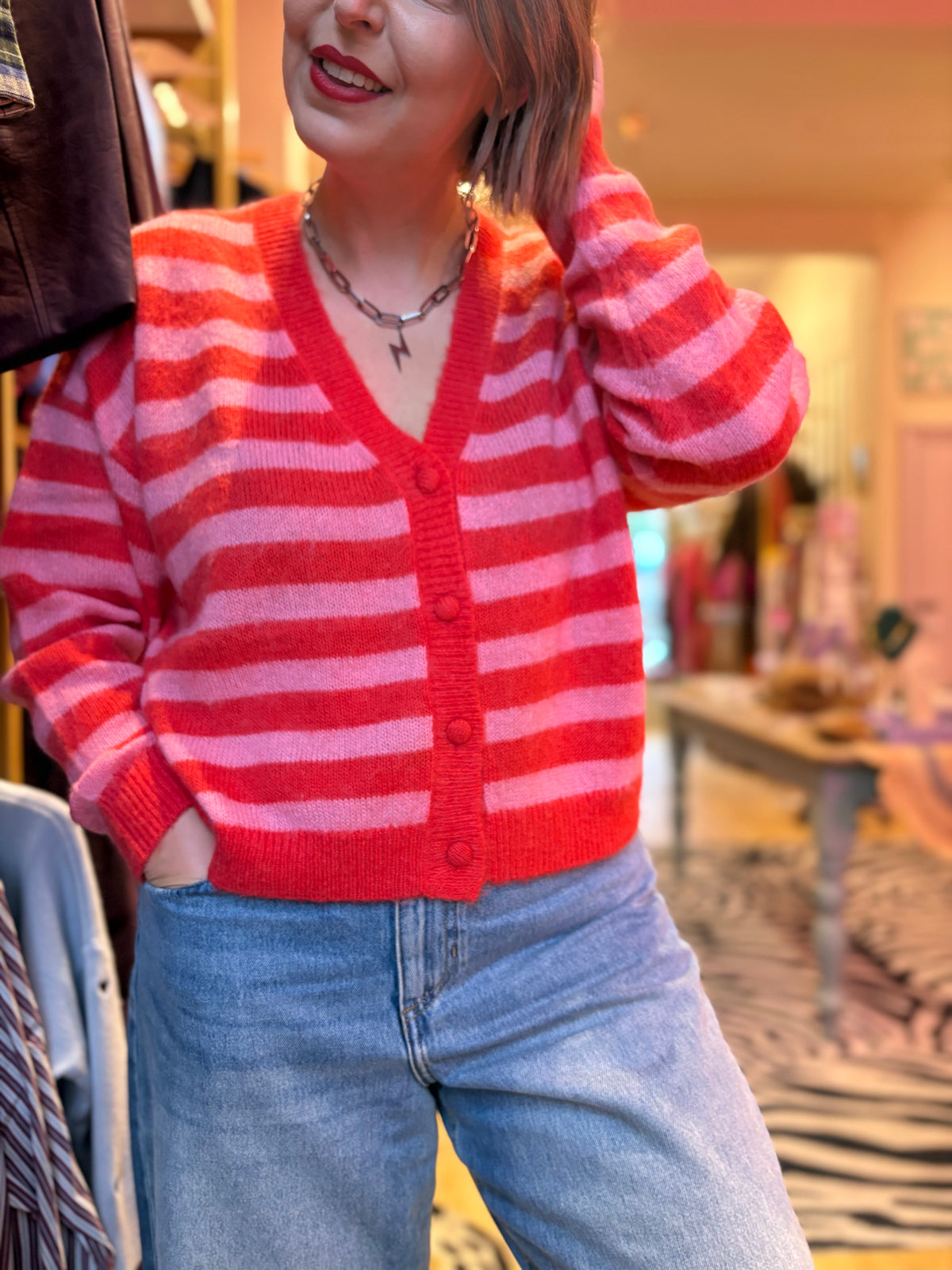 Red & Pink V Neck Cardigan