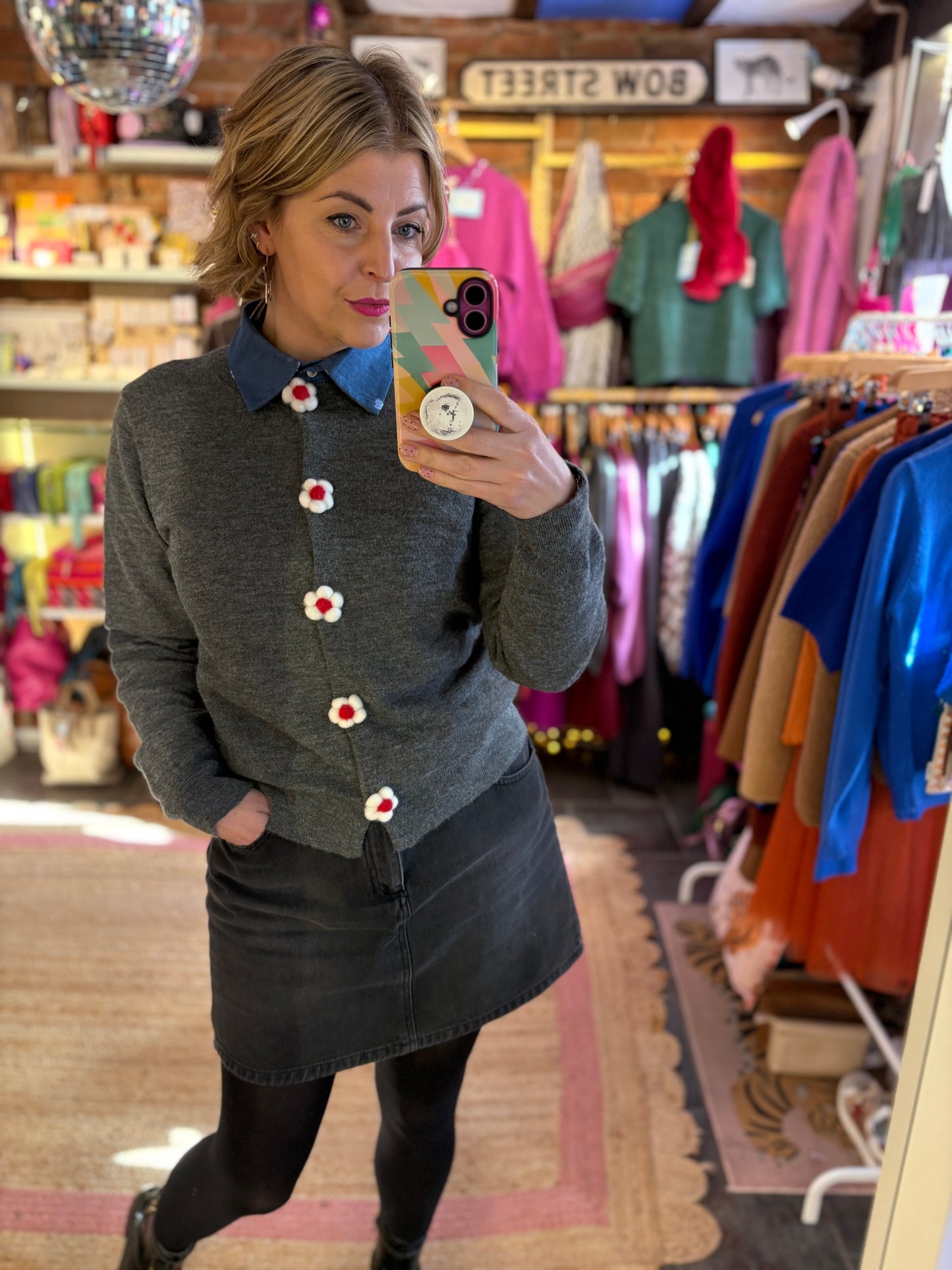 Grey Knit Flower Button Cardigan