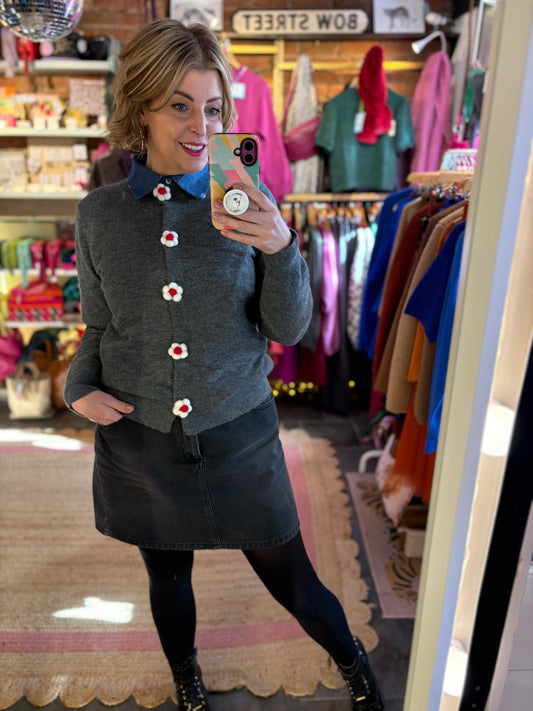 Grey Knit Flower Button Cardigan
