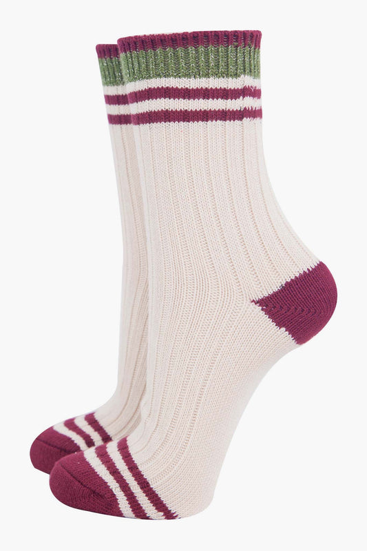 Cream & Burgundy Striped Cuff Ribbed Socks