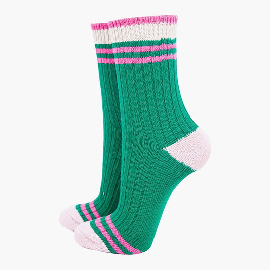 Green Striped Cuff Ribbed Socks