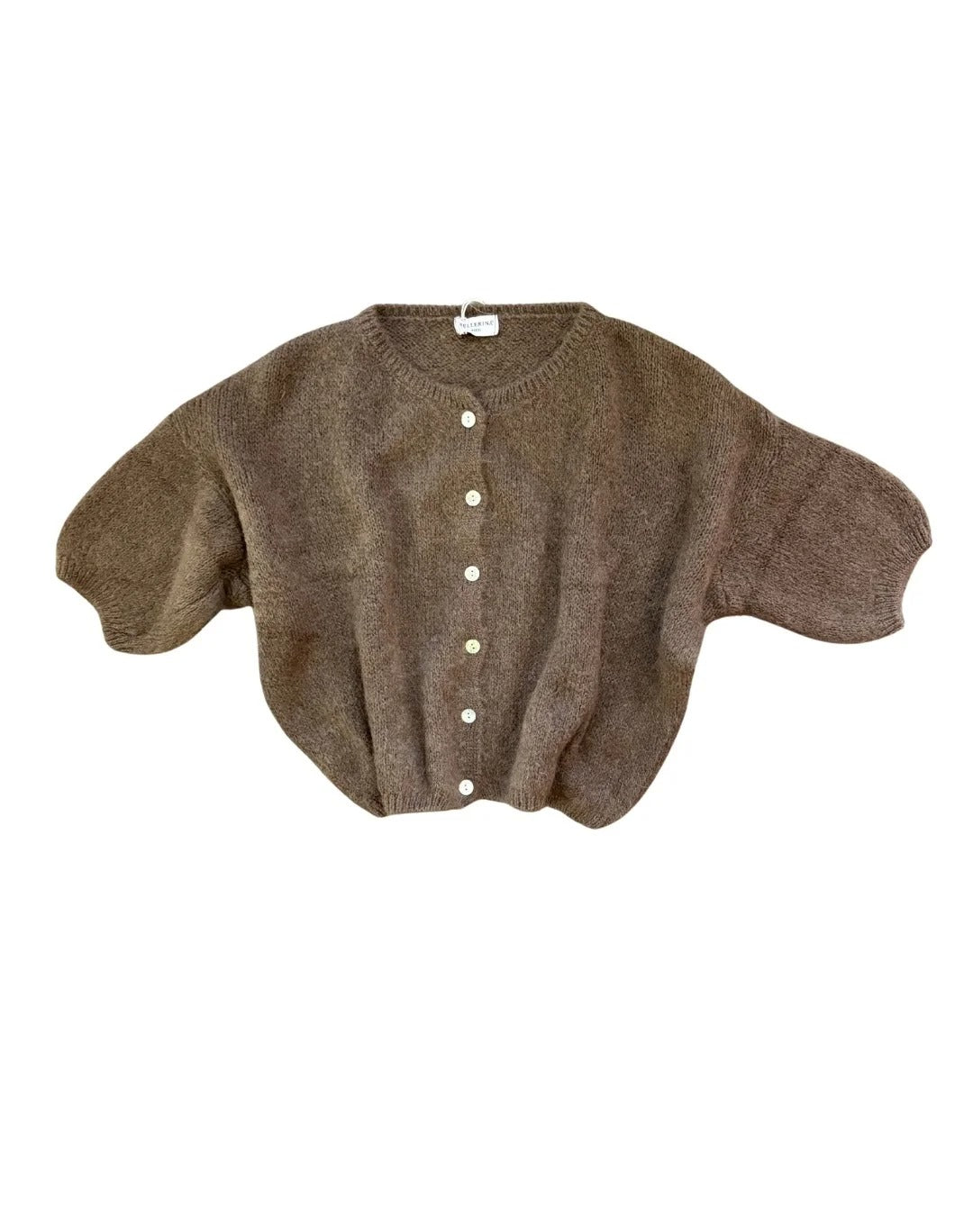 Brown cardigan with button details on a white background