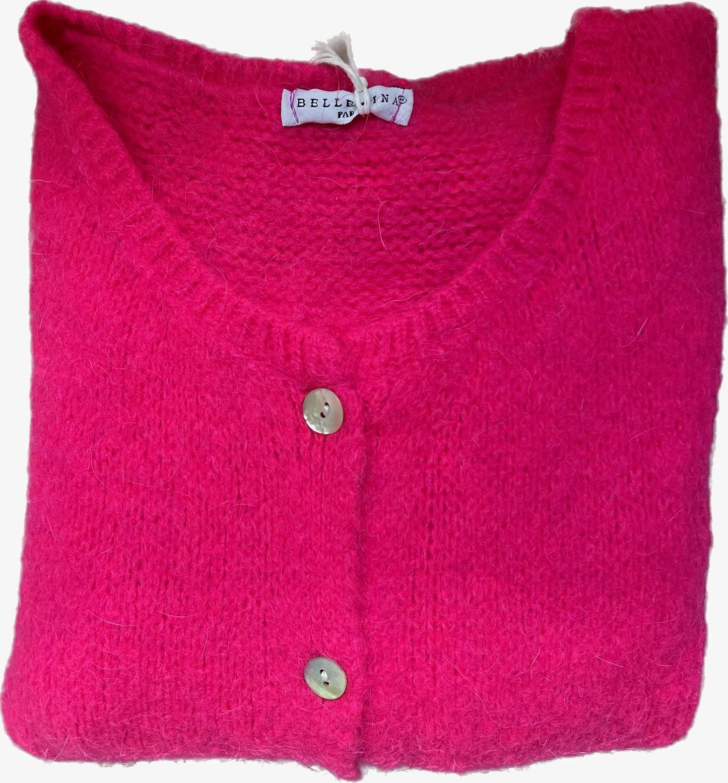 Folded pink knitted cardigan with a brand tag on a white background