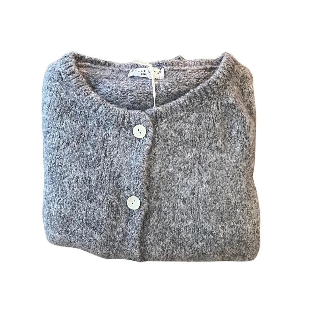 Folded gray cardigan with buttons on a white background