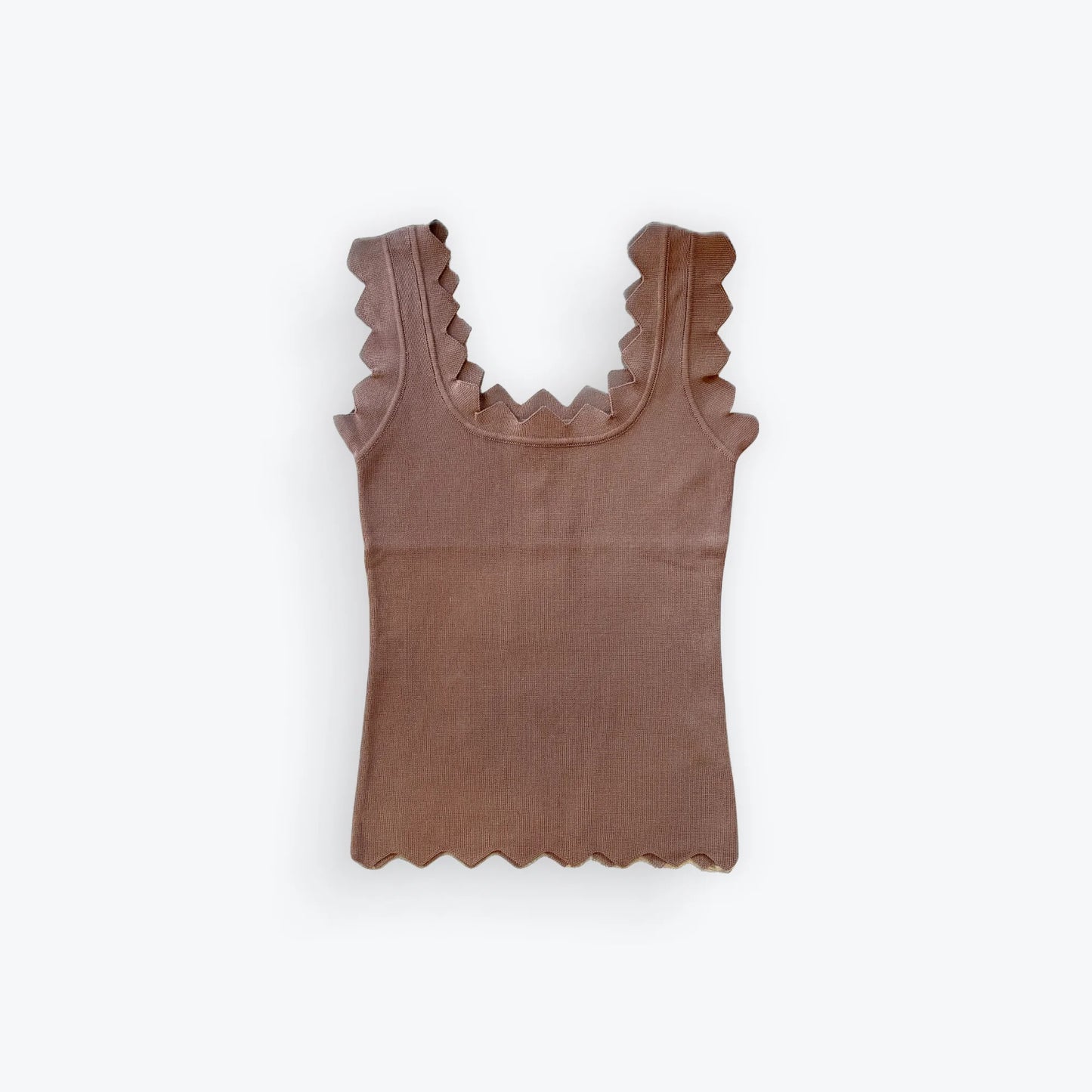 Brown tank top with ruffled neckline on a white background