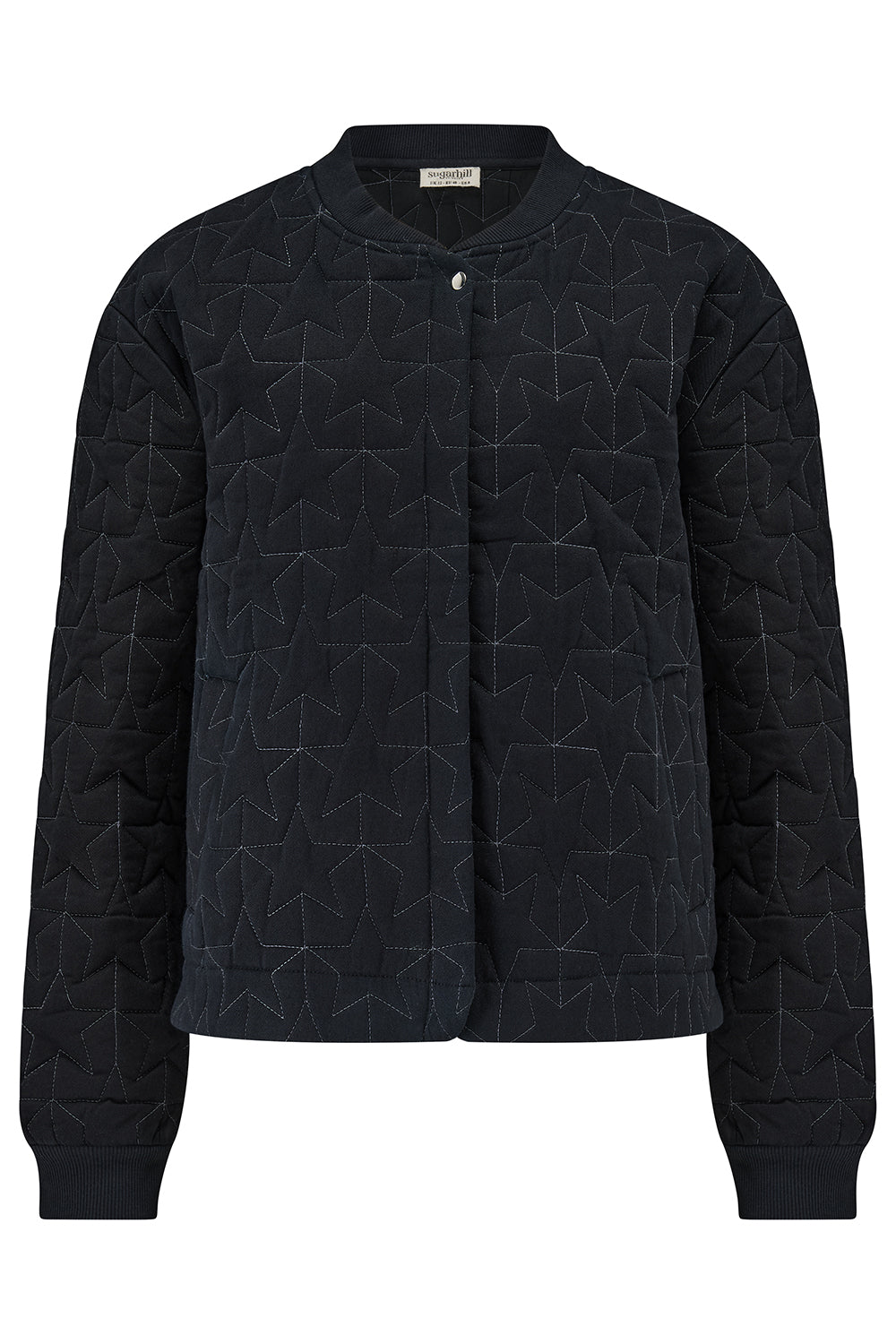 Black quilted jacket with geometric star pattern on a white background