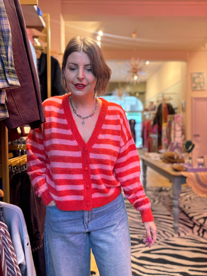 Red & Pink V Neck Cardigan