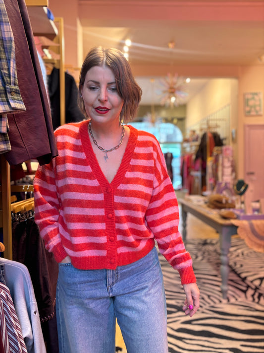 Red & Pink V Neck Cardigan