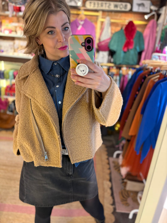 Teddy Fleece Short Biker Jacket | Camel