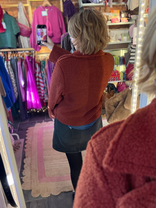 Teddy Fleece Short Biker Jacket | Rust