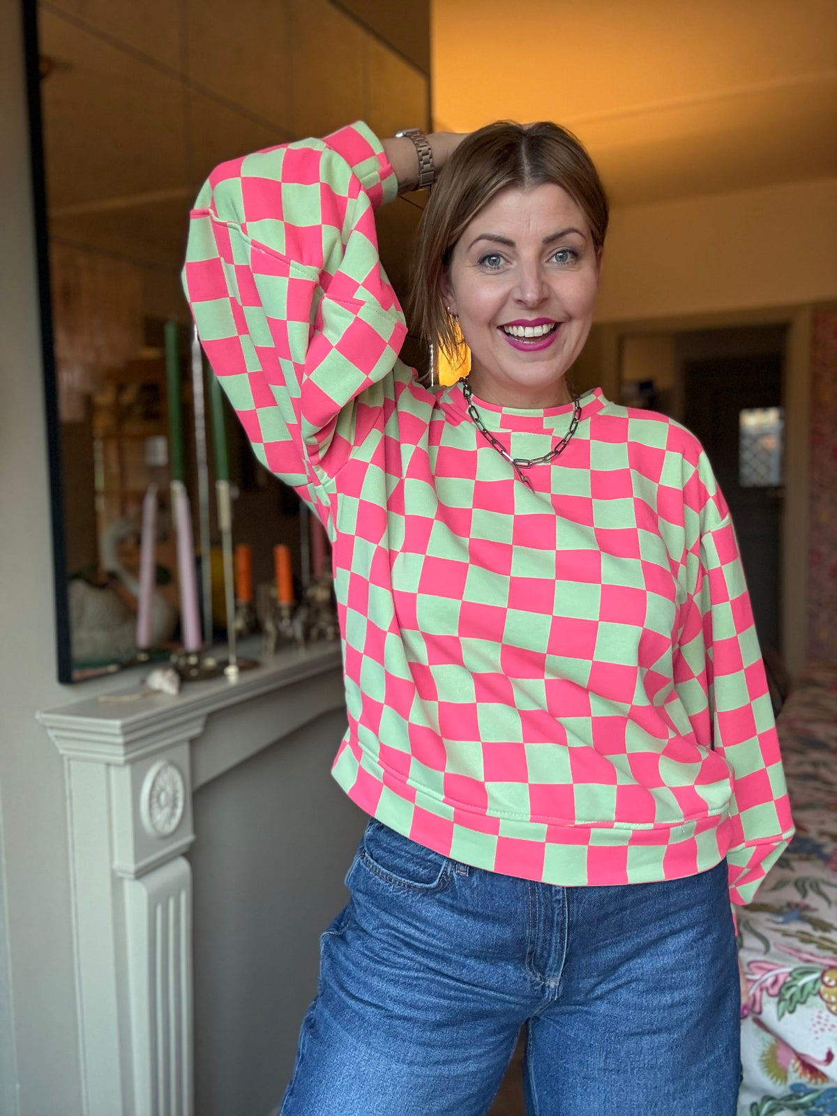 Checkerboard Balloon Sleeve Sweatshirt