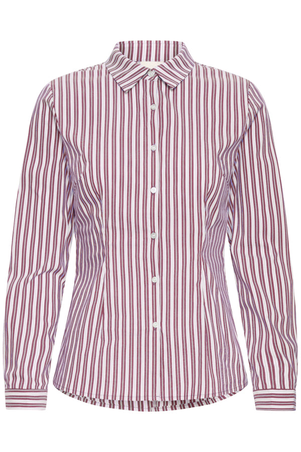 A long-sleeve button-up shirt with vertical stripes in burgundy and white, featuring a classic pointed collar and white buttons.
