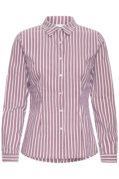 A long-sleeve button-up shirt with vertical stripes in burgundy and white, featuring a classic pointed collar and white buttons.