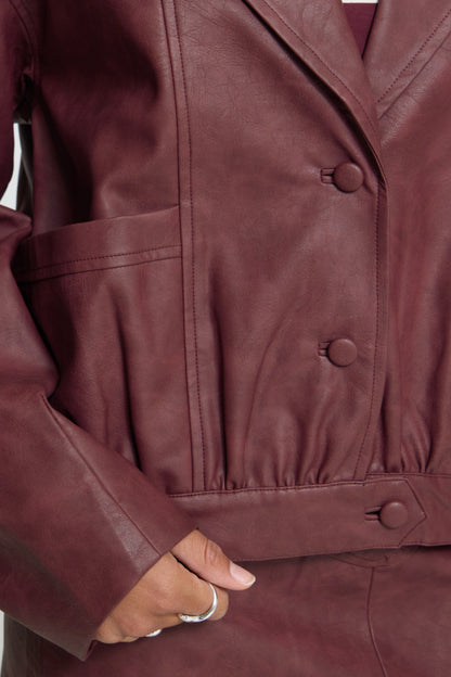 Burgundy Faux Leather Bomber Jacket