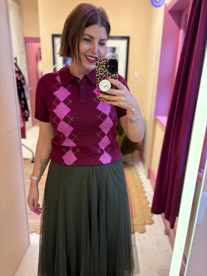 Knit Argyle Polo Top