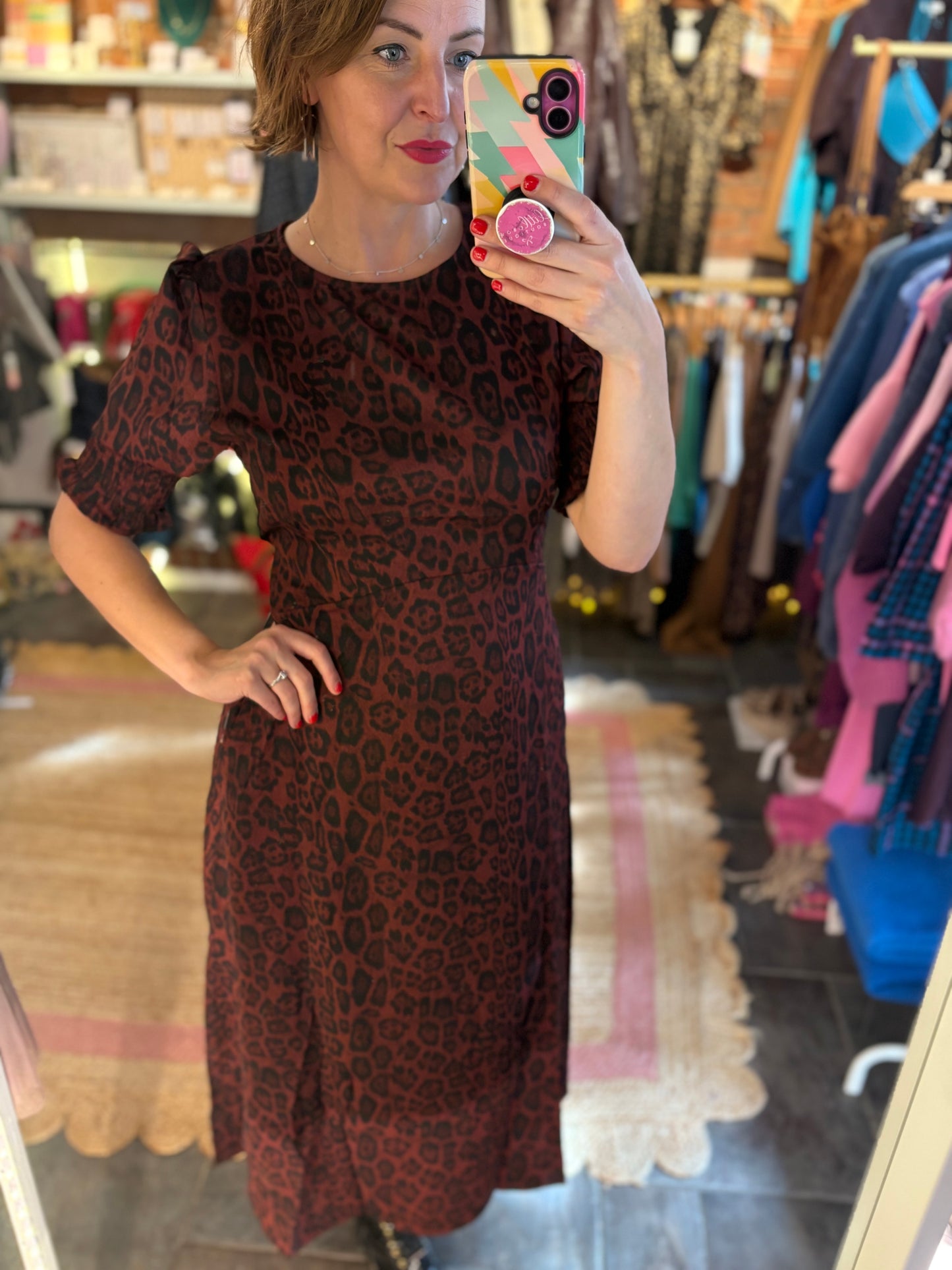 Berry Leopard Print Midi Dress