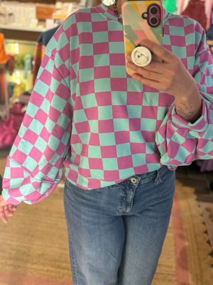 Checkerboard Balloon Sleeve Sweatshirt