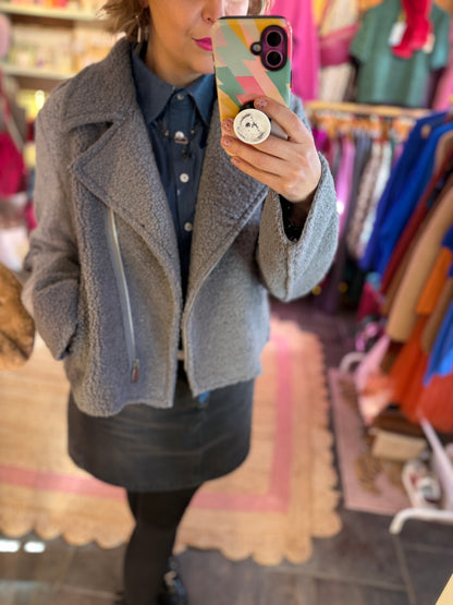 Teddy Fleece Short Biker Jacket | Grey