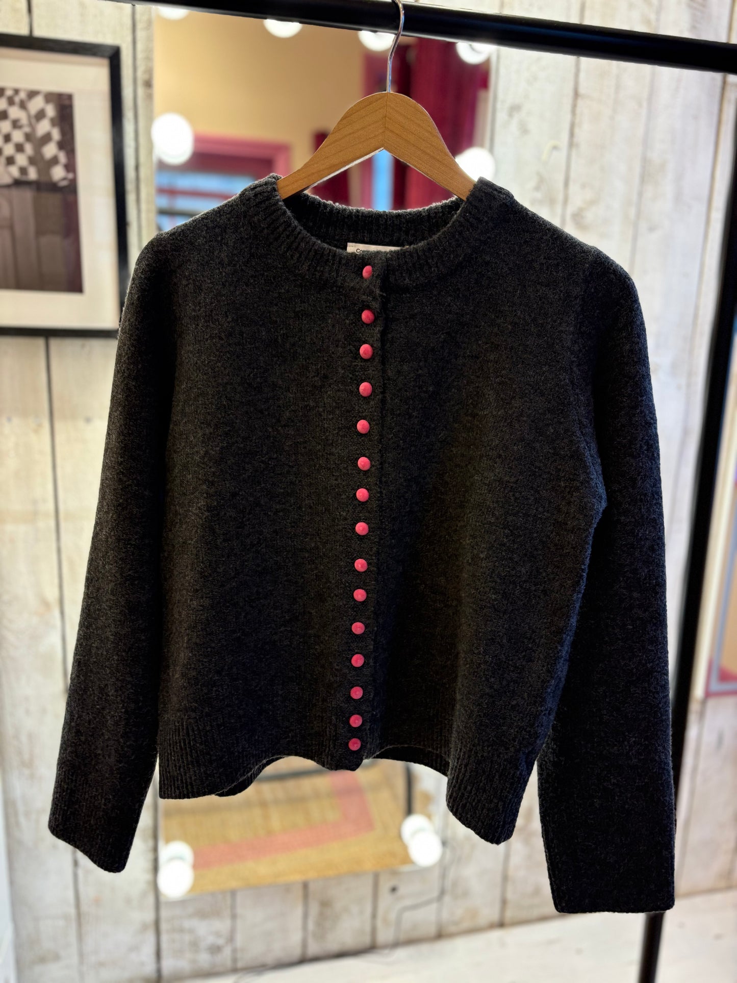 Charcoal Cardigan Pink Velvet Buttons