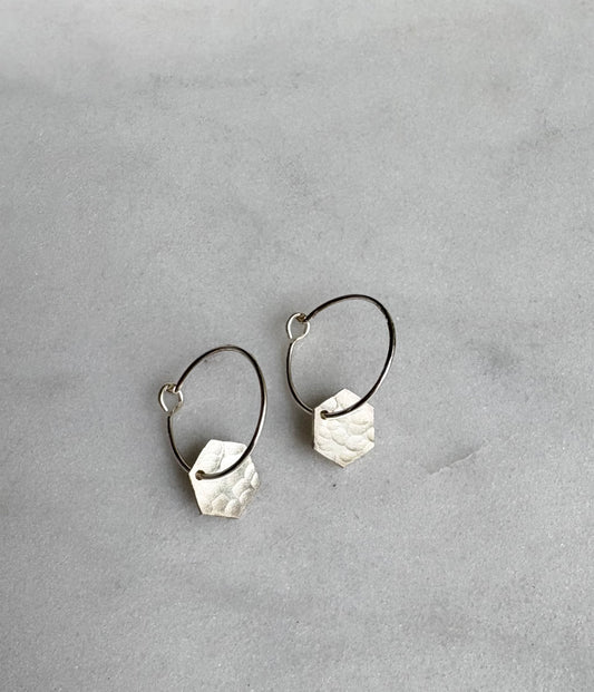 Silver Hoop Mini Hex Earrings