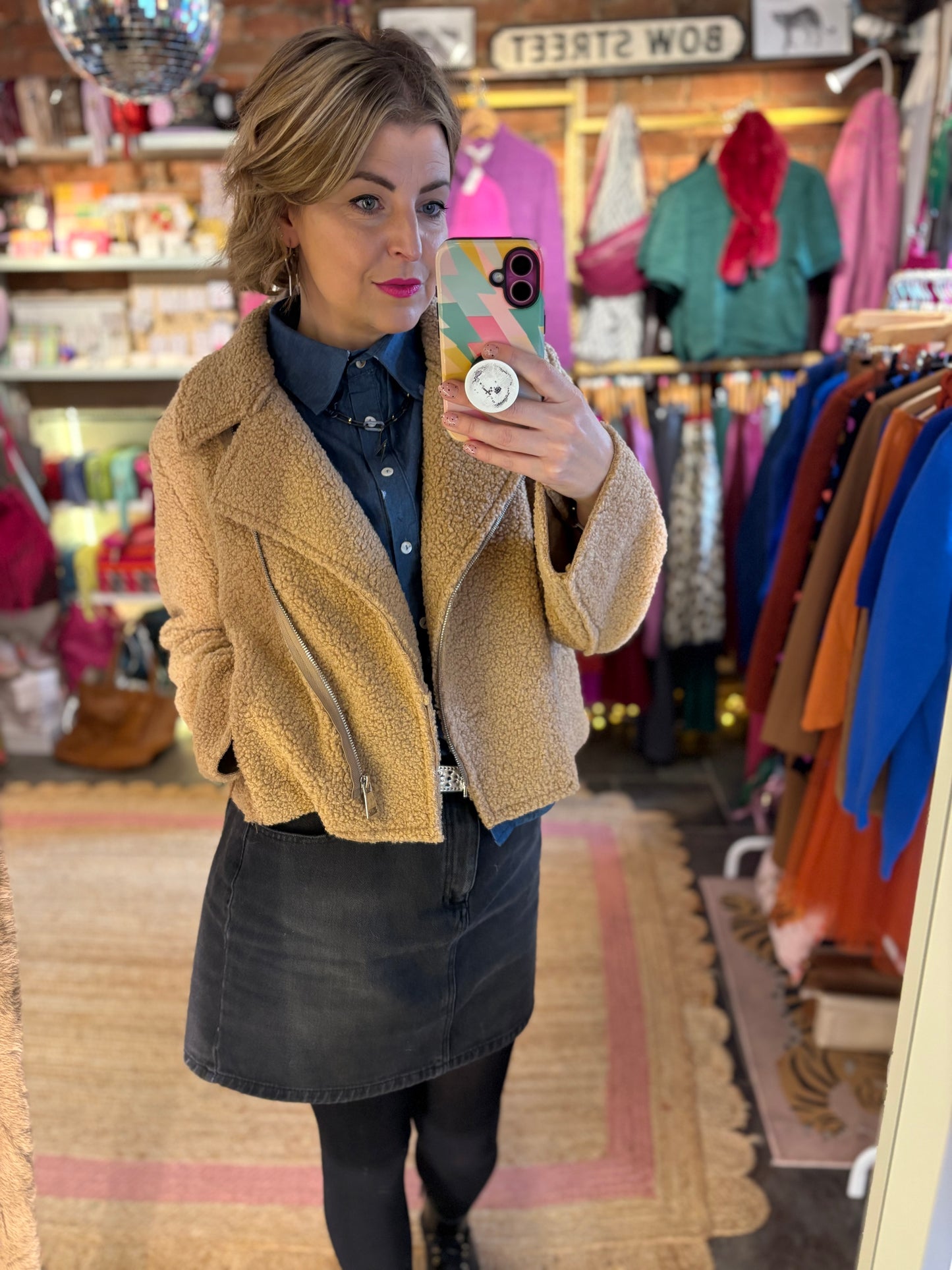 Teddy Fleece Short Biker Jacket | Camel