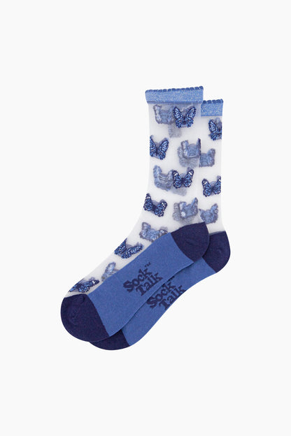 Blue Butterfly Print Sheer Socks