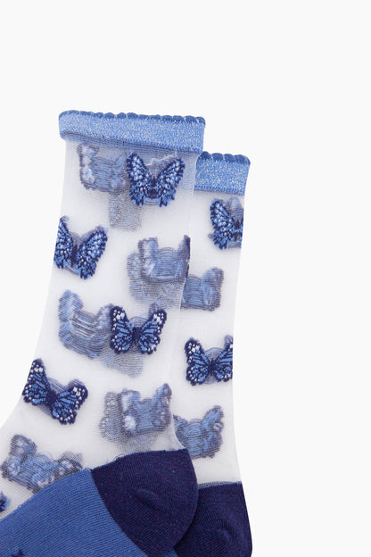 Blue Butterfly Print Sheer Socks
