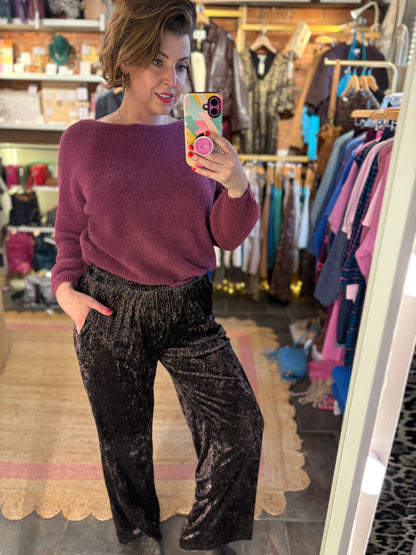 Wide Leg Leopard Print Velvet Trousers