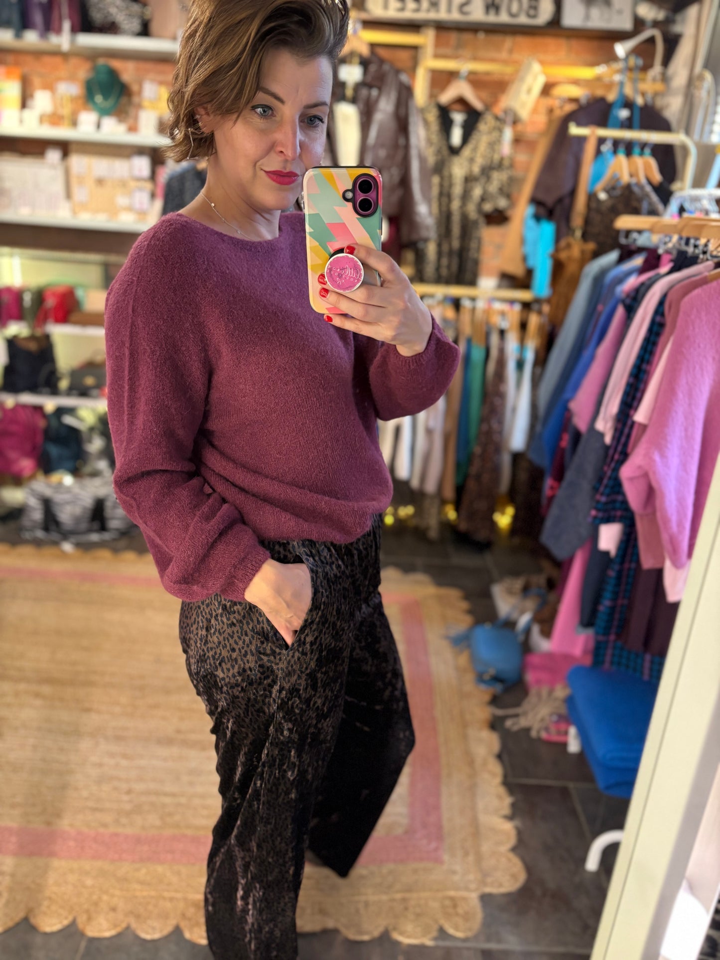 Wide Leg Leopard Print Velvet Trousers