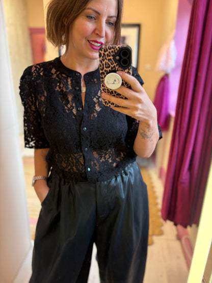 Black Collarless Lace Blouse