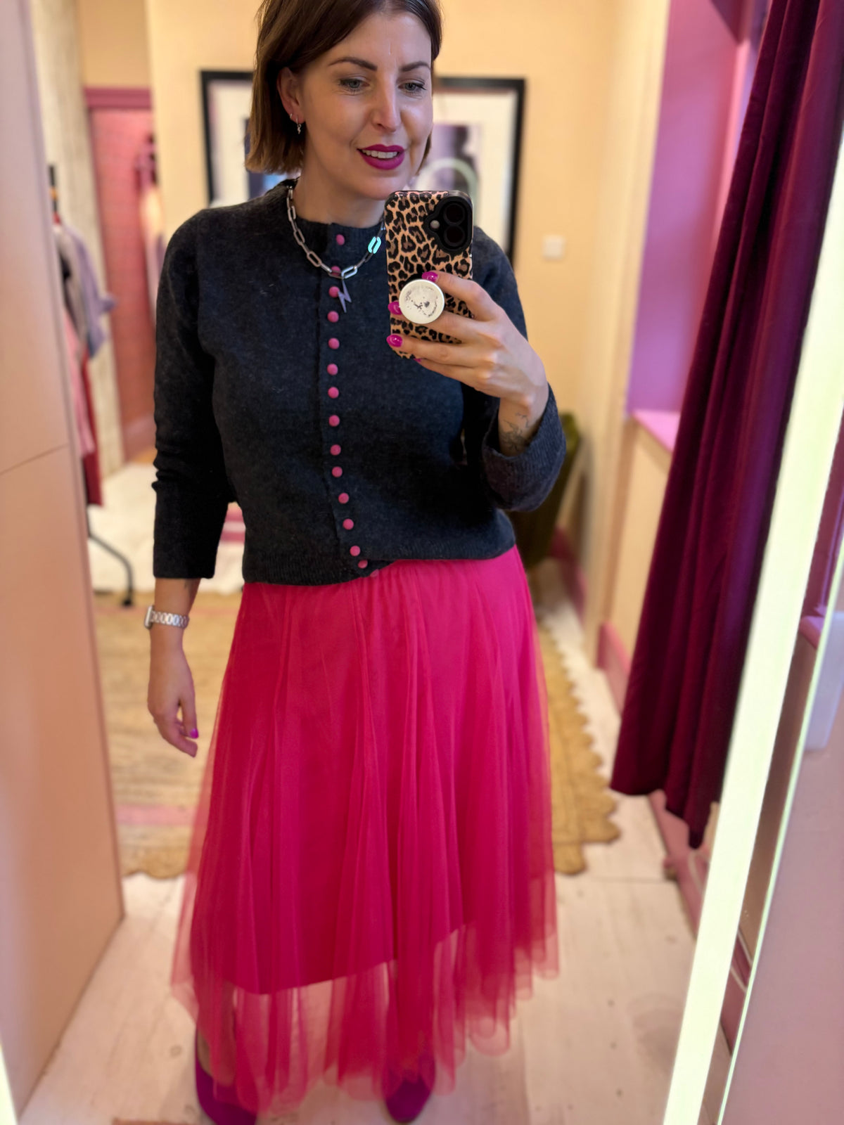 Charcoal Cardigan Pink Velvet Buttons