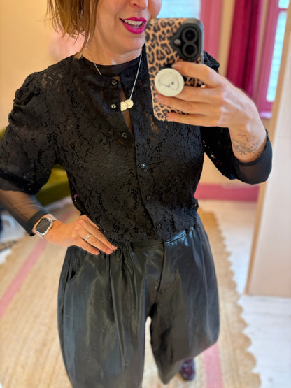 Black Collarless Lace Blouse
