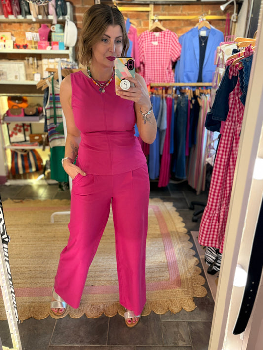 Pink Jersey Denim Wide Leg Trouser