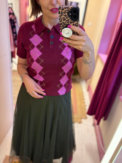 Knit Argyle Polo Top
