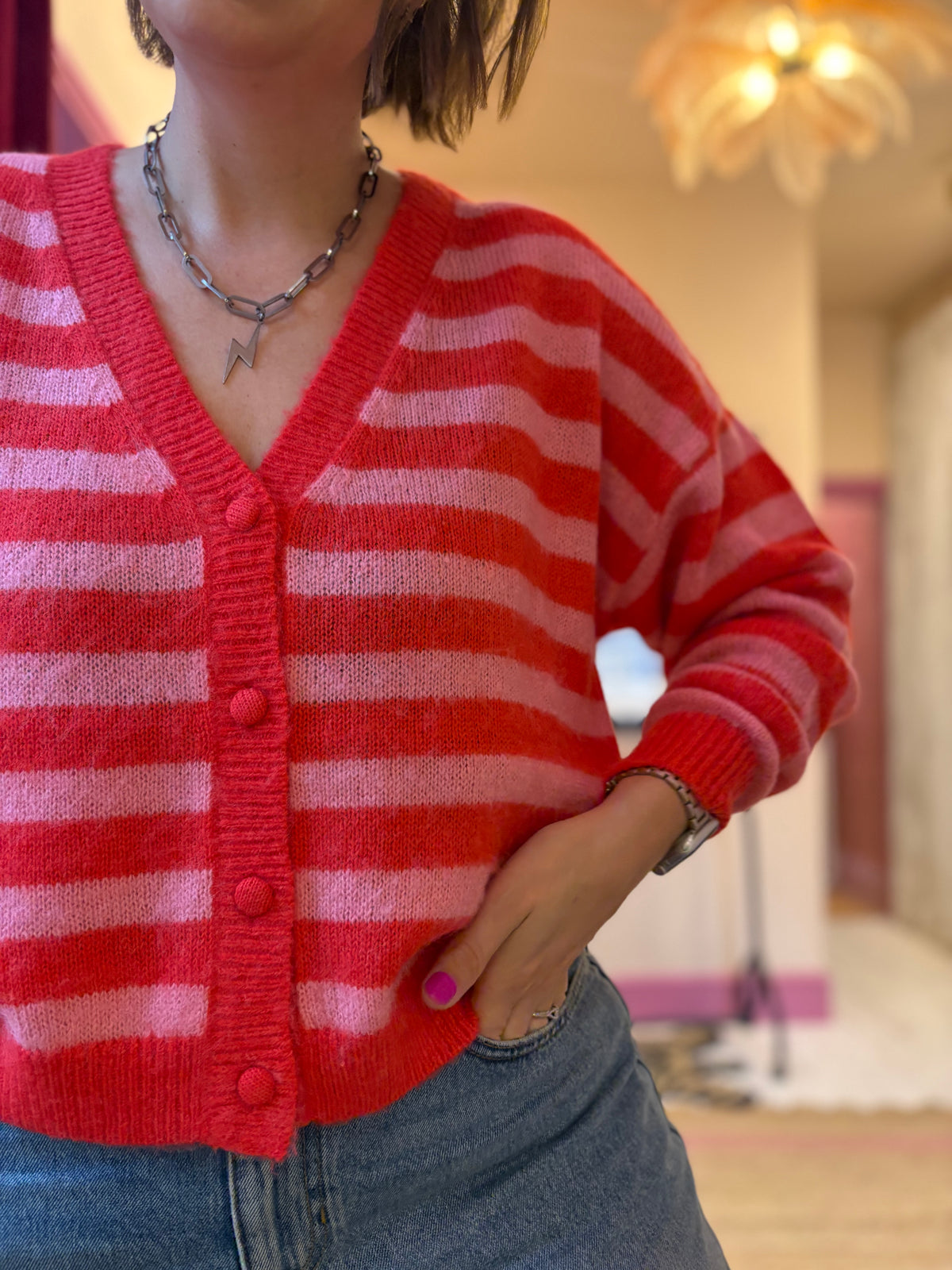 Red & Pink V Neck Cardigan
