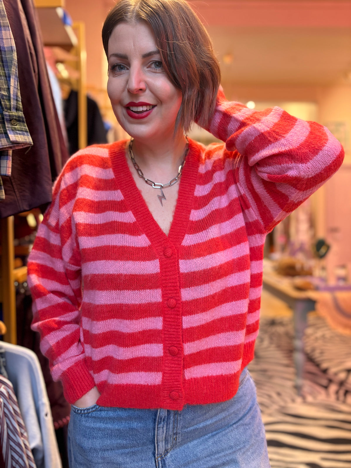 Red & Pink V Neck Cardigan
