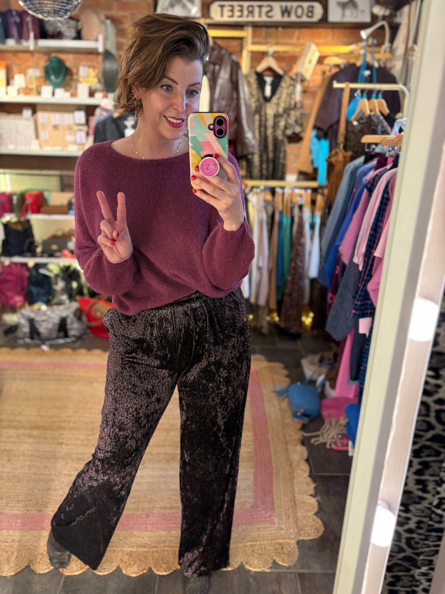 Wide Leg Leopard Print Velvet Trousers