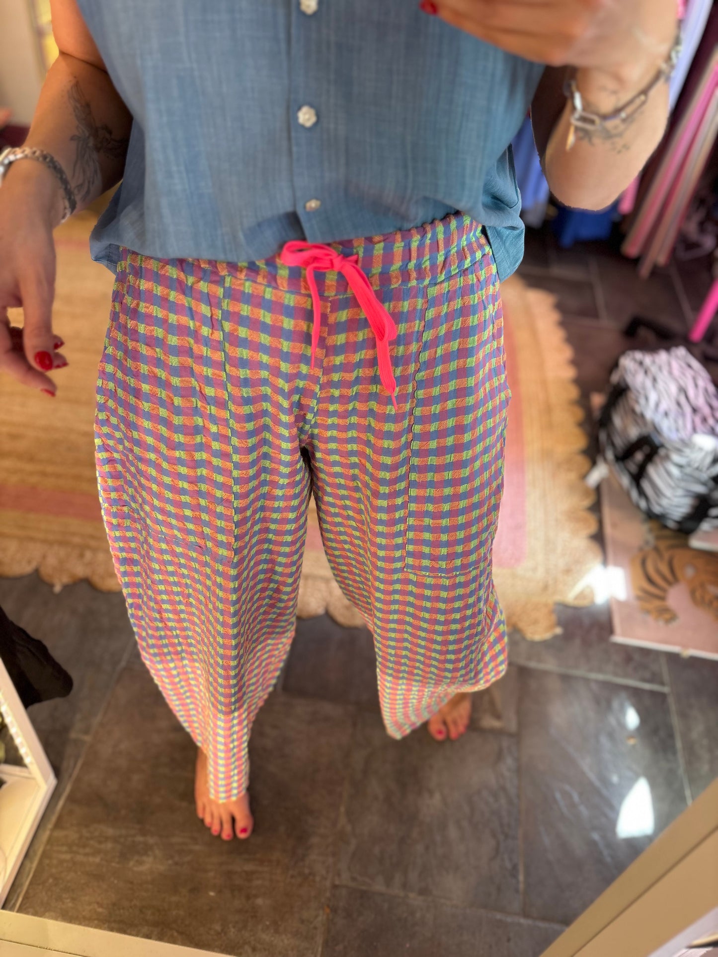 Gingham Barrel Leg Trousers *New Season Colours*