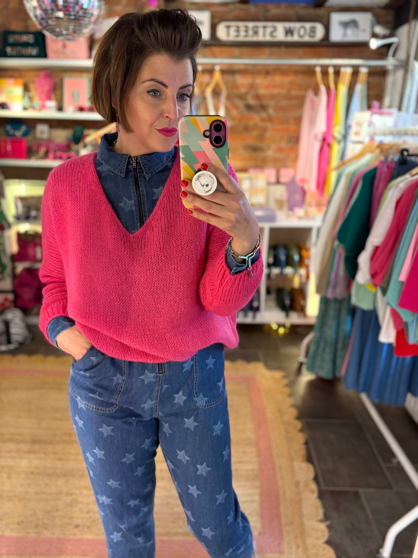 Star Print Denim Jumpsuit