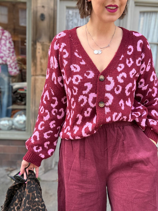 Berry Leopard Print Cardigan