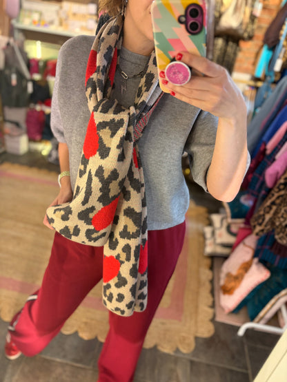 Beige Leopard Red Hearts Scarf