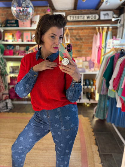 Star Print Denim Jumpsuit