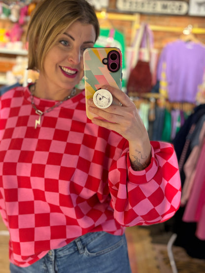 Checkerboard Balloon Sleeve Sweatshirt
