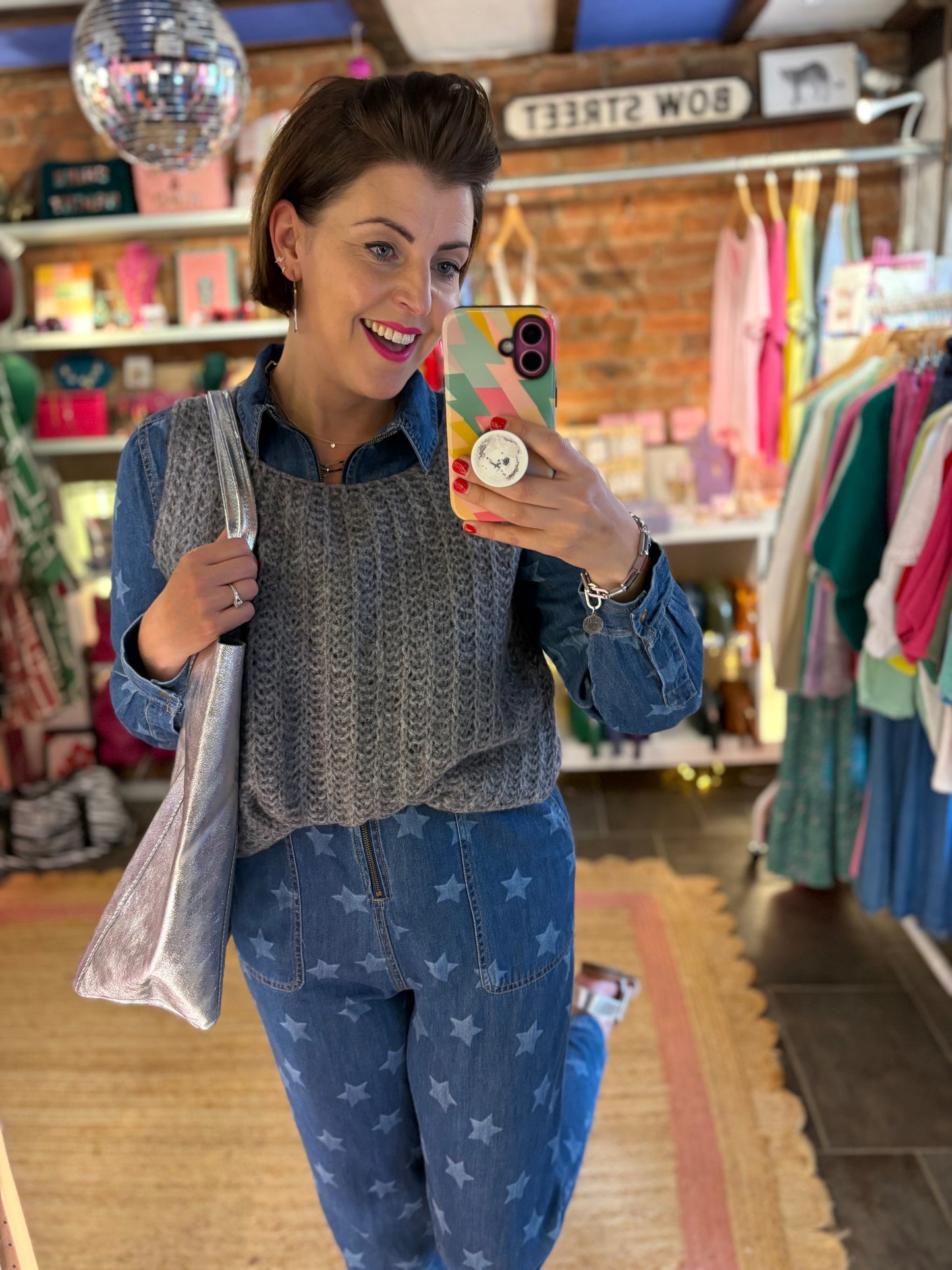 Star Print Denim Jumpsuit