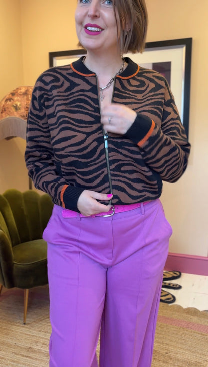 Tiger Print Knitted Bomber Jacket