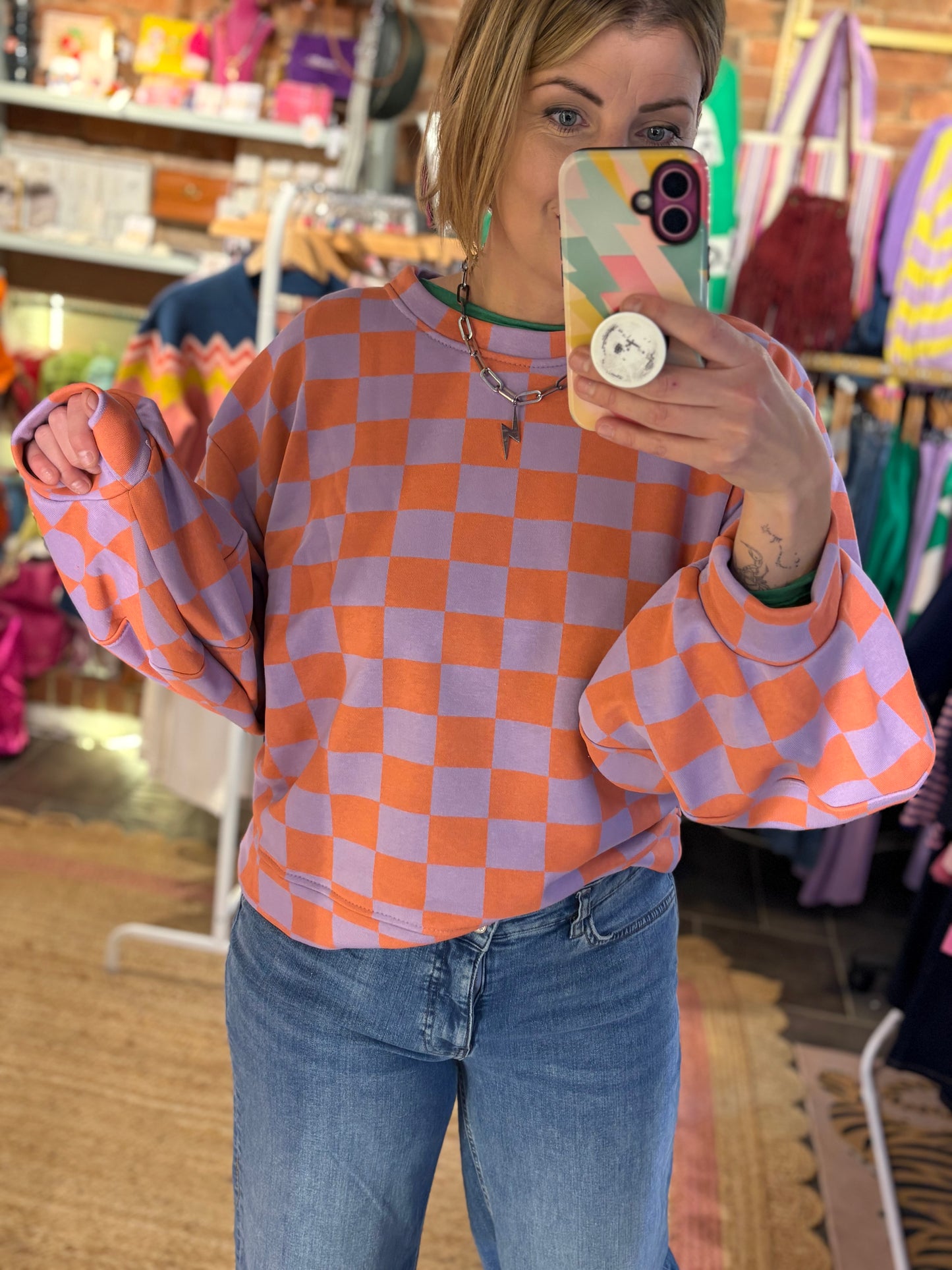 Checkerboard Balloon Sleeve Sweatshirt